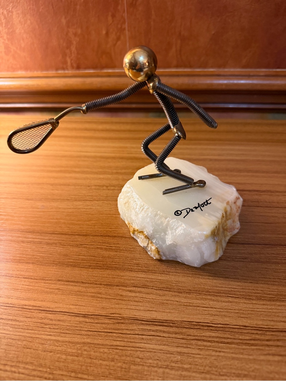 Vintage John DeMott Tennis Player Art Onyx Base Signed Sculpture Brass